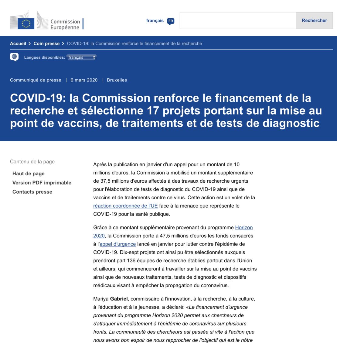 COVID-19: la Commission Européenne renforce le financement de la recherche