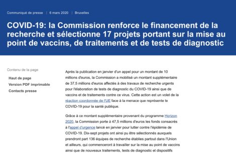 COVID-19: la Commission Européenne renforce le financement de la recherche